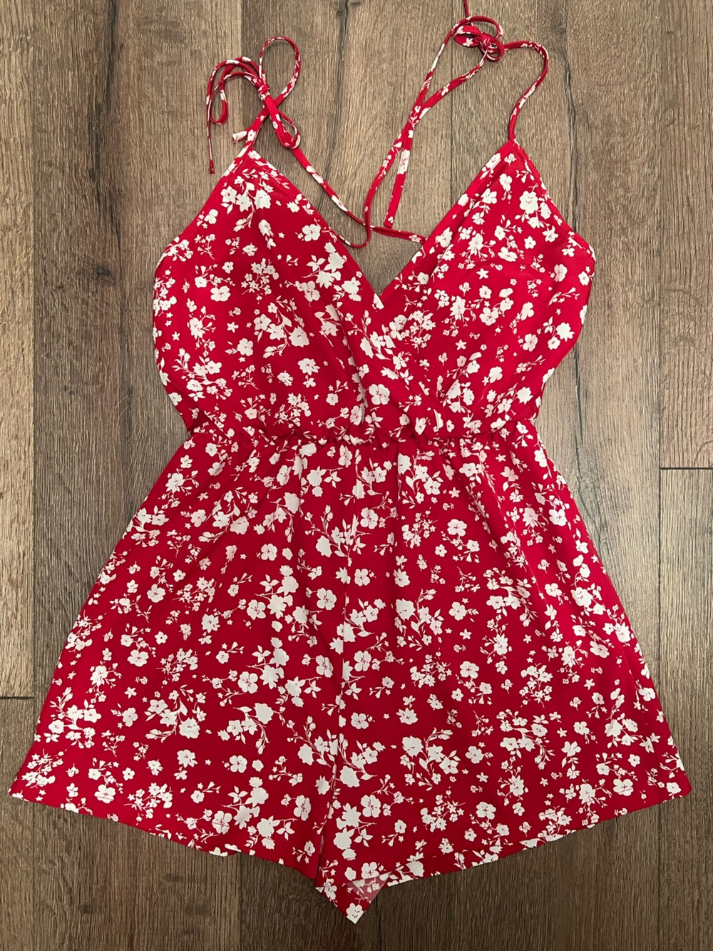 Red Floral Romper with White Blossom Print